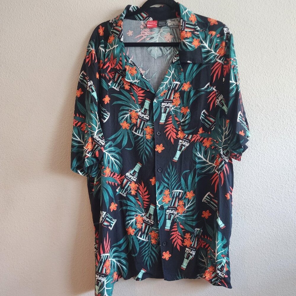 Coca-Cola Shirt Mens 2XL Black Hawaiian Button Up Aloha Floral Soda Bottle Rayon